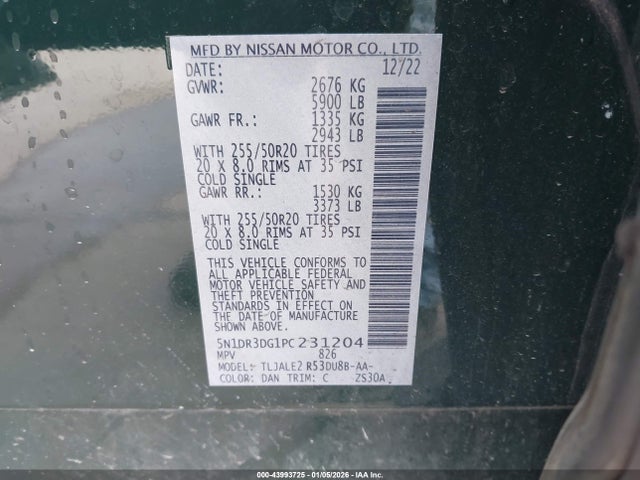 Продажа на аукционе авто 2023 Nissan Pathfinder Platinum Fwd, vin: 5N1DR3DG1PC231204, номер лота: 43993725