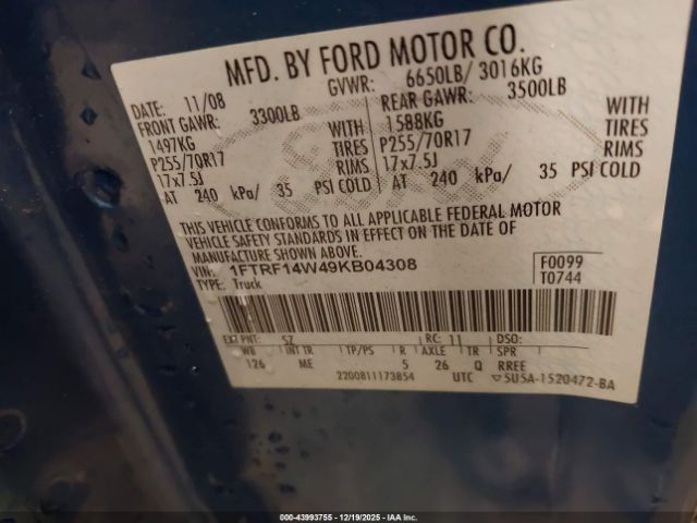 2009 FORD F-150 1FTRF14W49KB04308 Photo 8