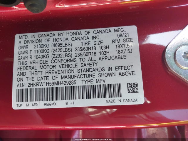 2HKRW1H59MH429285 Honda Cr-v 2wd Ex