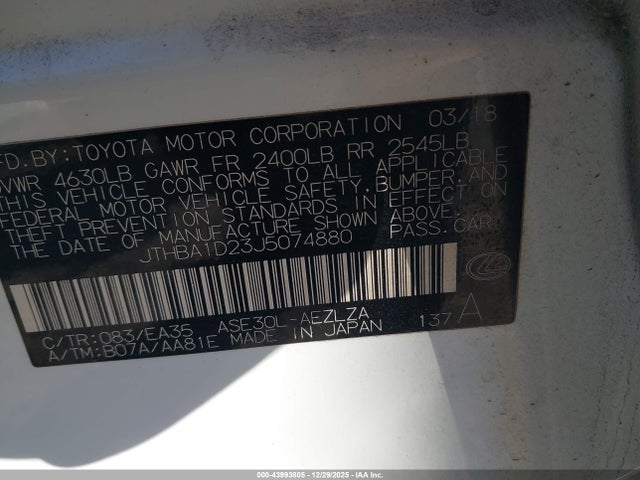 43993805 :رقم المزاد ، JTHBA1D23J5074880 vin ، 2018 Lexus Is 300 مزاد بيع