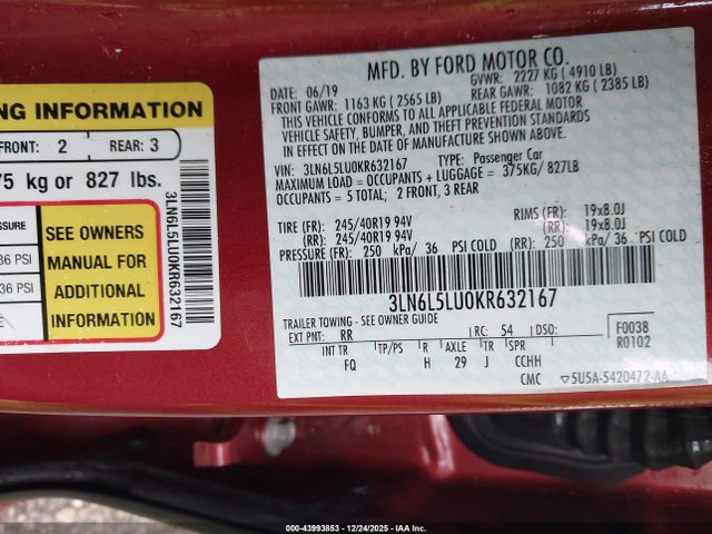 3LN6L5LU0KR632167 Lincoln Mkz Hybrid Reserve I