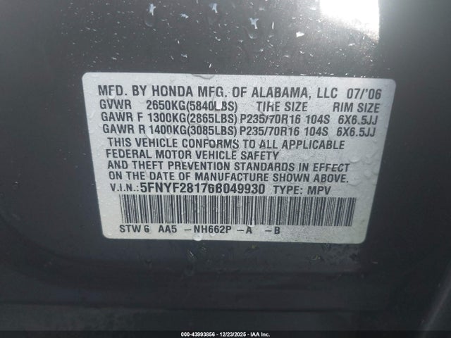 2006 HONDA PILOT 5FNYF28176B049930 Photo 8