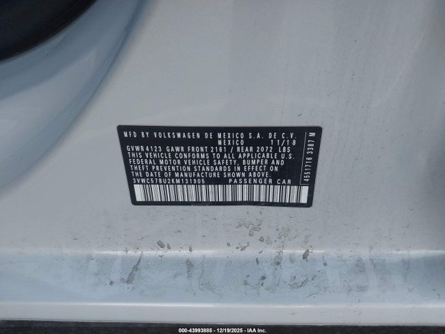 43993885 :رقم المزاد ، 3VWC57BU2KM131905 vin ، 2019 Volkswagen Jetta 1.4t R-line/1.4t S/1.4t Se مزاد بيع