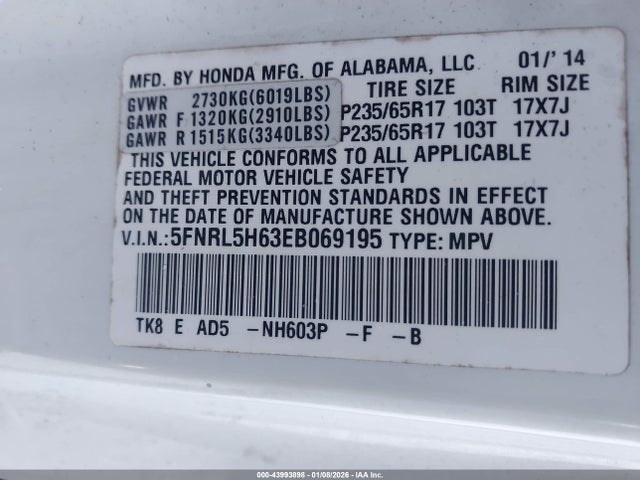 2014 HONDA ODYSSEY 5FNRL5H63EB069195 Photo 8