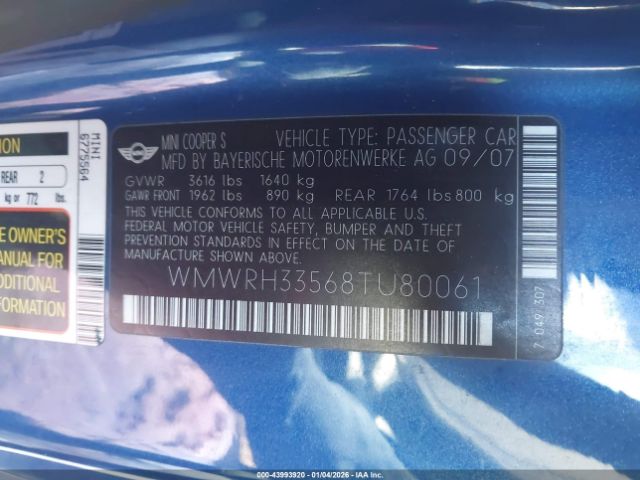 2008 MINI COOPER S WMWRH33568TU80061 Photo 8