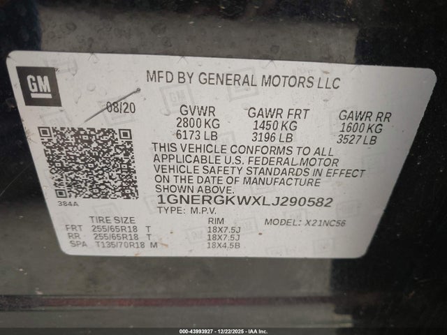 1GNERGKWXLJ290582 Chevrolet Traverse Fwd Lt Cloth