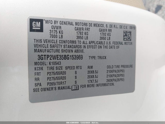 Aukcja sprzedaży 2011 Gmc Sierra 1500 Slt, vin: 3GTP2WE35BG153969, numer aukcji: 43993959