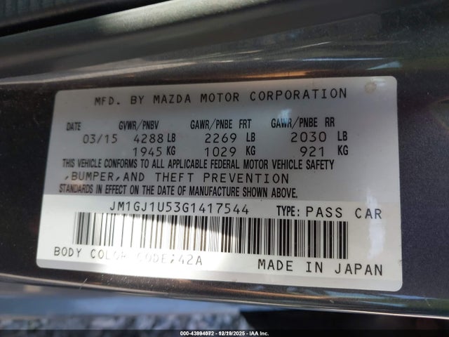 Aukcja sprzedaży 2016 Mazda Mazda6 I Sport, vin: JM1GJ1U53G1417544, numer aukcji: 43994072