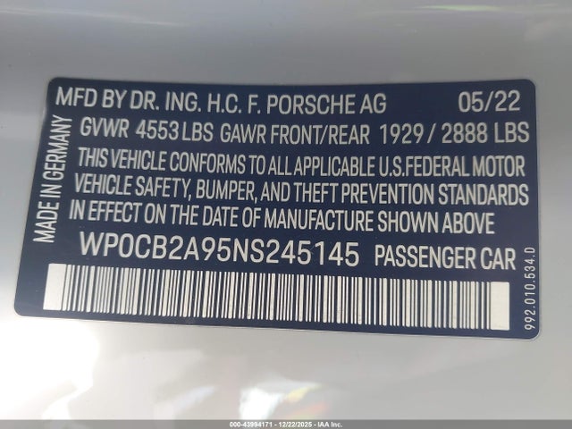 WP0CB2A95NS245145 Porsche 911 Carrera 4 Gts Cabriolet/carrera 4s Cabriolet/carrera Gts Cabriolet/carrera S Cabriolet