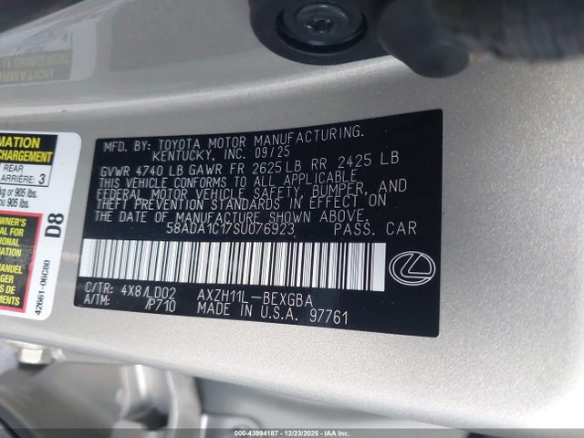 Aukcja sprzedaży 2025 Lexus Es 300h, vin: 58ADA1C17SU076923, numer aukcji: 43994187