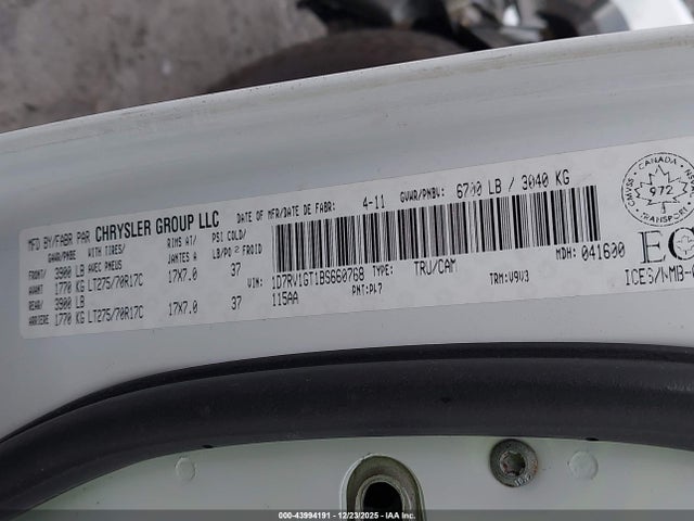 Продажа на аукционе авто 2011 Ram Ram 1500 Slt, vin: 1D7RV1GT1BS660768, номер лота: 43994191