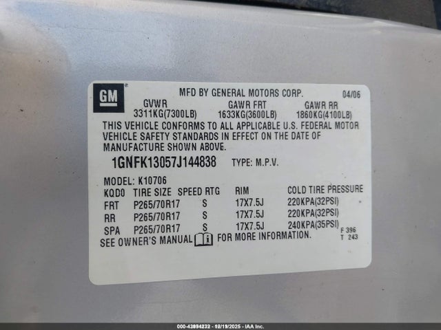 Продажа на аукционе авто 2007 Chevrolet Tahoe Ls, vin: 1GNFK13057J144838, номер лота: 43994232