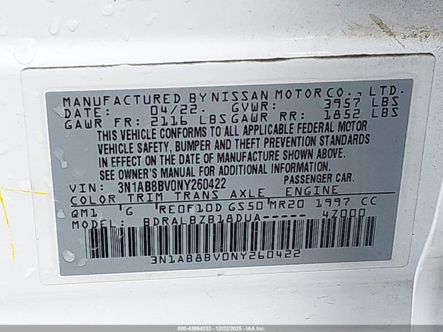 3N1AB8BV0NY260422 Nissan Sentra S Xtronic Cvt
