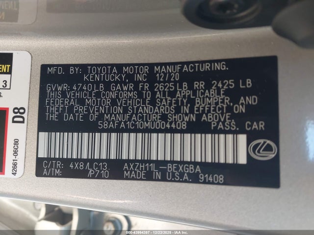 Aukcja sprzedaży 2021 Lexus Es 300h Ultra Luxury, vin: 58AFA1C10MU004408, numer aukcji: 43994397