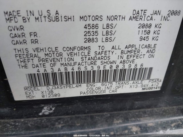2009 MITSUBISHI GALANT 4A3AB46S39E003986 Photo 8