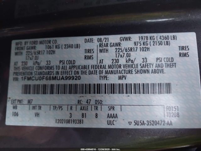 2021 FORD ESCAPE 1FMCU0F68MUA99920 Photo 8