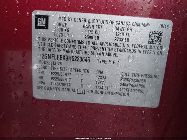 Chevrolet EQUINOX LT 2017 2GNFLFEK9H6223646 Image 9