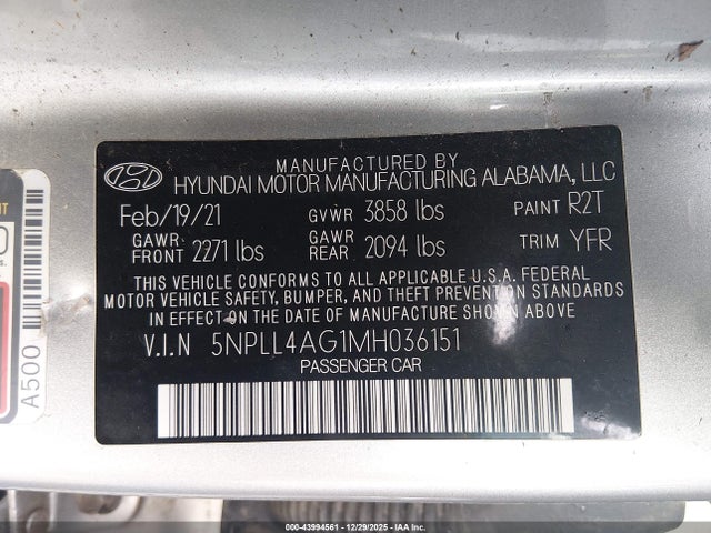 Auction sale of the 2021 Hyundai Elantra Se, vin: 5NPLL4AG1MH036151, lot number: 43994561