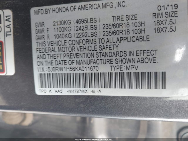 5J6RW1H56KA011670 Honda CR-V EX