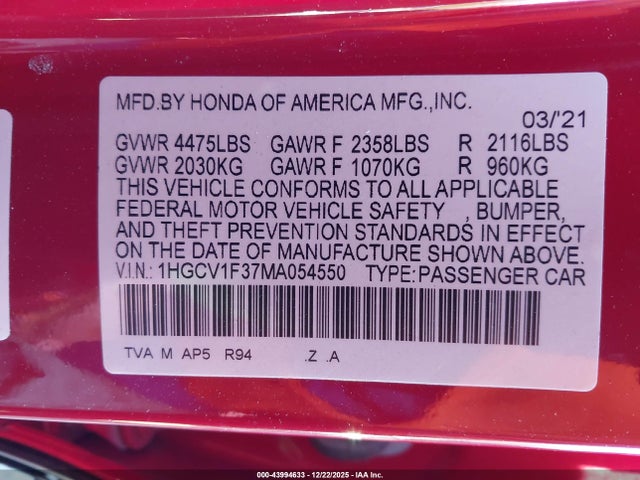 1HGCV1F37MA054550 Honda Accord Sport