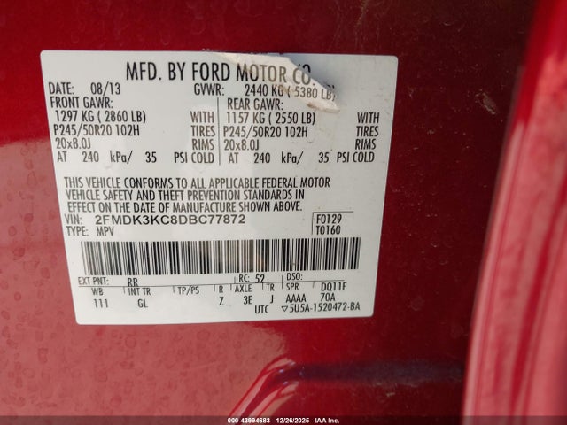 2013 Ford Edge Limited მანქანა იყიდება აუქციონზე, vin: 2FMDK3KC8DBC77872, აუქციონის ნომერი: 43994683