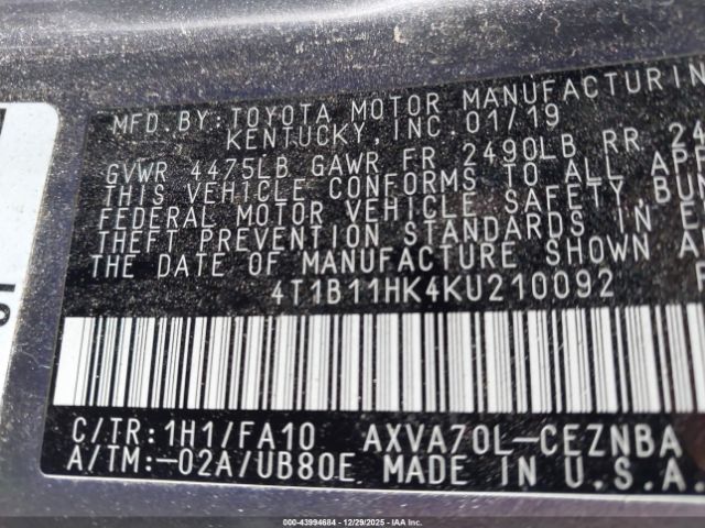 2019 TOYOTA CAMRY 4T1B11HK4KU210092 Photo 8