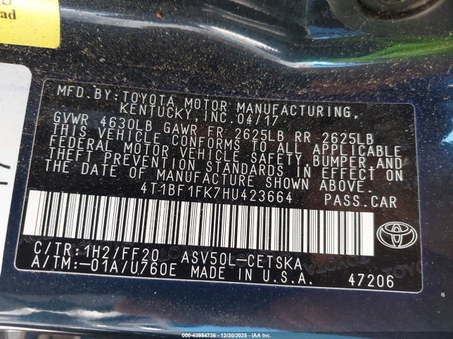4T1BF1FK7HU423664 Toyota CAMRY SE