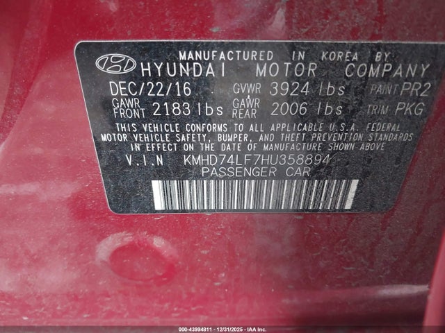KMHD74LF7HU358894 Hyundai ELANTRA SE