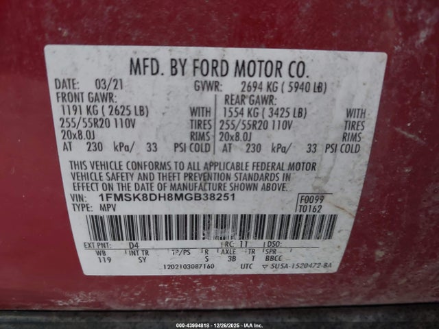 Продаж на аукціоні авто 2021 Ford Explorer Xlt, vin: 1FMSK8DH8MGB38251, номер лоту: 43994818