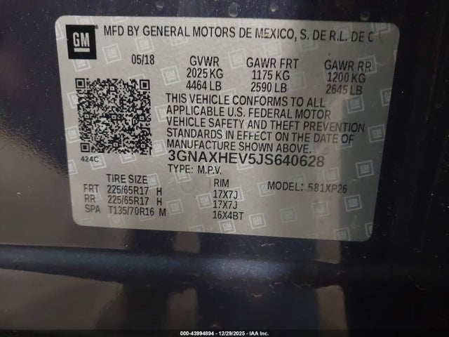 Aukcja sprzedaży 2018 Chevrolet Equinox Ls, vin: 3GNAXHEV5JS640628, numer aukcji: 43994894