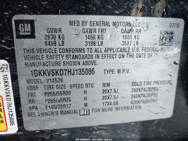 Aukcja sprzedaży 2017 Gmc Acadia Limited, vin: 1GKKVSKD7HJ135086, numer aukcji: 43994944