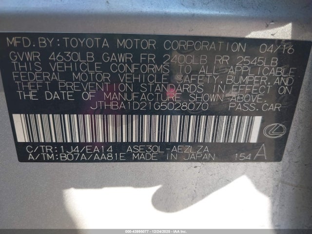 Aukcja sprzedaży 2016 Lexus Is 200t, vin: JTHBA1D21G5028070, numer aukcji: 43995077