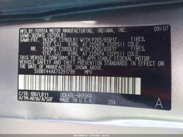 2007 TOYOTA SEQUOIA 5TDBT44AX7S291799 Photo 8