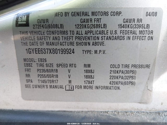 Продаж на аукціоні авто 2008 Cadillac Srx V6, vin: 1GYEE637X80199924, номер лоту: 43995125