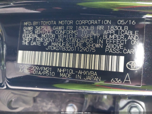 JTDKDTB32G1129075 Toyota Prius C Two