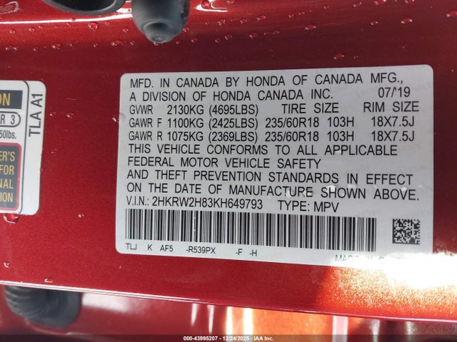 2HKRW2H83KH649793 Honda Cr-v Ex-l