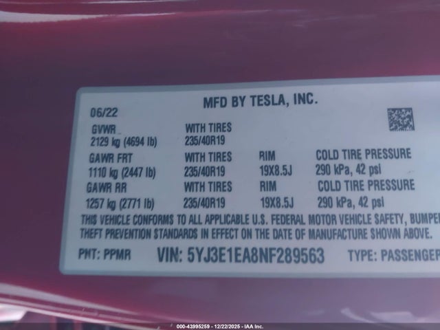 Aukcja sprzedaży 2022 Tesla Model 3 Rear-wheel Drive, vin: 5YJ3E1EA8NF289563, numer aukcji: 43995259