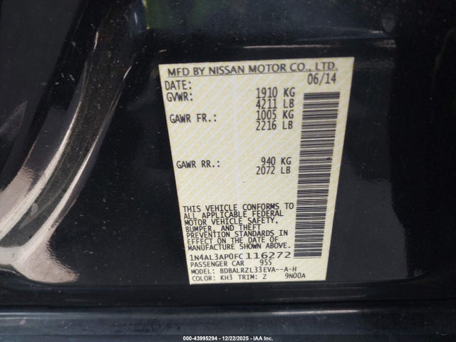 43995294 :رقم المزاد ، 1N4AL3AP0FC116272 vin ، 2015 Nissan Altima 2.5 Sl مزاد بيع
