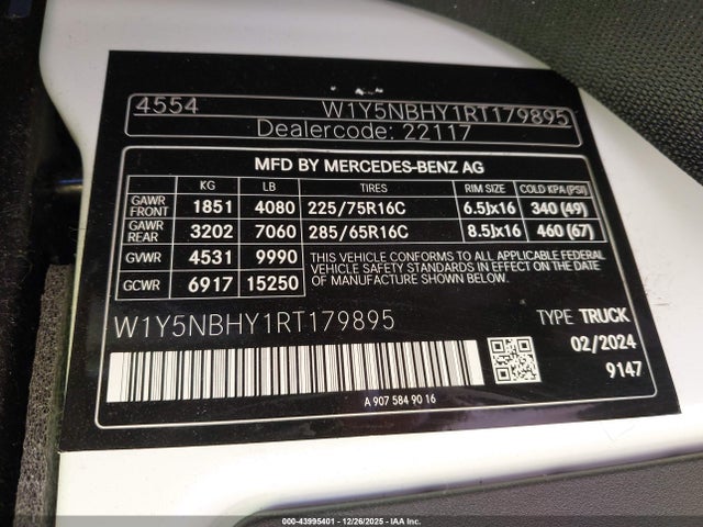 43995401 :رقم المزاد ، W1Y5NBHY1RT179895 vin ، 2024 Mercedes-benz Sprinter 3500 Standard Roof 4-cyl Diesel Ho مزاد بيع