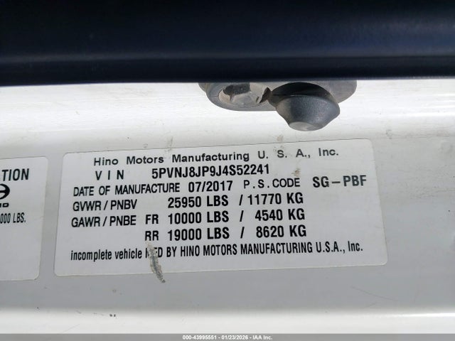 2018 Hino 258/268 მანქანა იყიდება აუქციონზე, vin: 5PVNJ8JP9J4S52241, აუქციონის ნომერი: 43995551