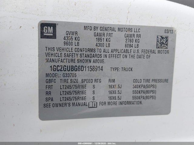 Auction sale of the 2013 Chevrolet Express 3500 Work Van, vin: 1GCZGUBG6D1158914, lot number: 43995561