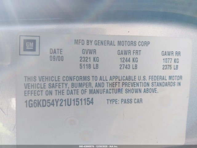 Продажа на аукционе авто 2001 Cadillac Deville Standard W/w20, vin: 1G6KD54Y21U151154, номер лота: 43995576