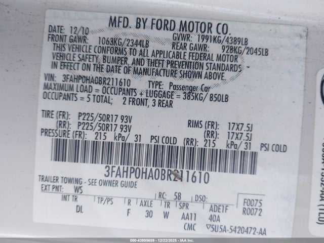 2011 FORD FUSION 3FAHP0HA0BR211610 Photo 8