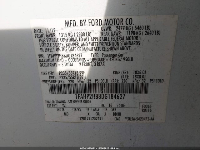 2013 Ford Taurus Sel მანქანა იყიდება აუქციონზე, vin: 1FAHP2H88DG184627, აუქციონის ნომერი: 43995661