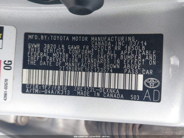 Toyota COROLLA LE 2014 2T1BURHE1EC133574 Image 9