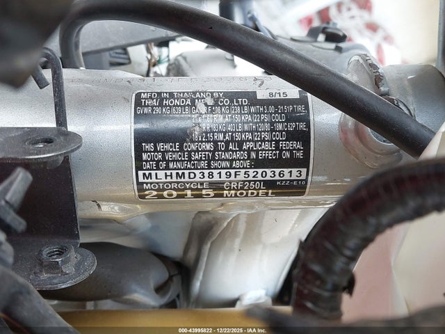 2015 Honda Crf250 L მანქანა იყიდება აუქციონზე, vin: MLHMD3819F5203613, აუქციონის ნომერი: 43995822
