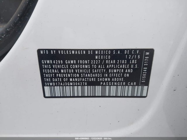 2016 Volkswagen Jetta 1.8t Sport მანქანა იყიდება აუქციონზე, vin: 3VWD17AJ3GM304278, აუქციონის ნომერი: 43995983