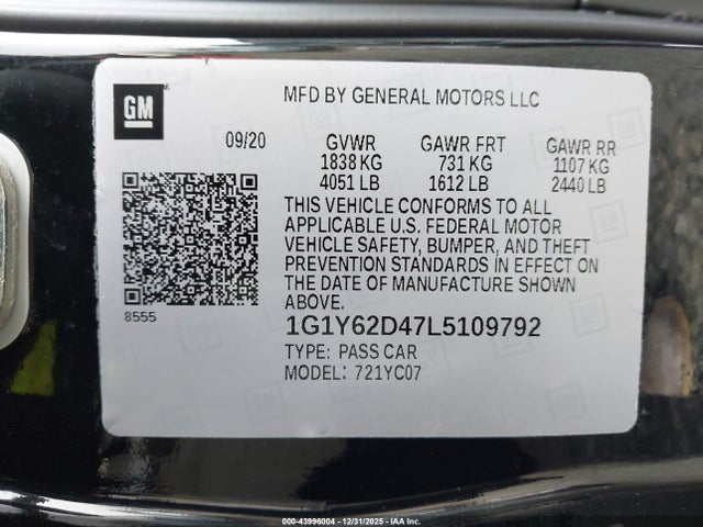 1G1Y62D47L5109792 Chevrolet Corvette Stingray Rwd 1lt