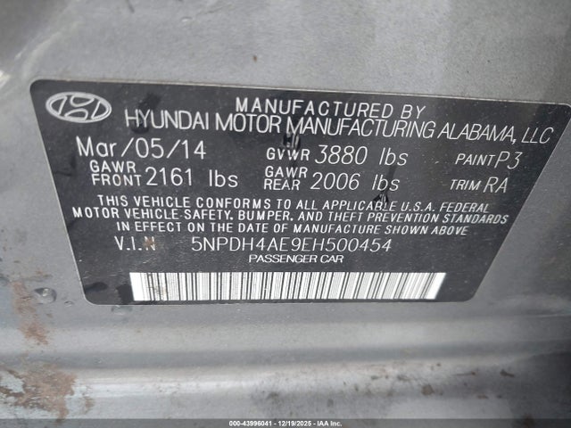 5NPDH4AE9EH500454 Hyundai dohc mpi nu