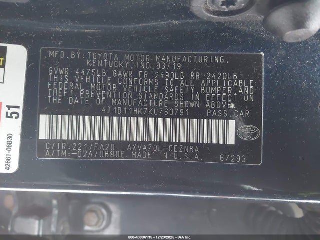 4T1B11HK7KU760791 Toyota CAMRY LE